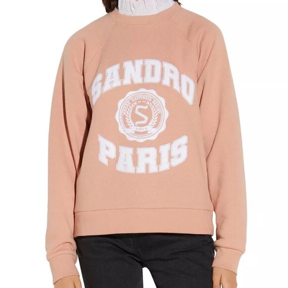 Sandro Blason Sweatshirt Size 2 or US 6 Apricot Crewneck Cotton Raglan Sleeve - Picture 1 of 10